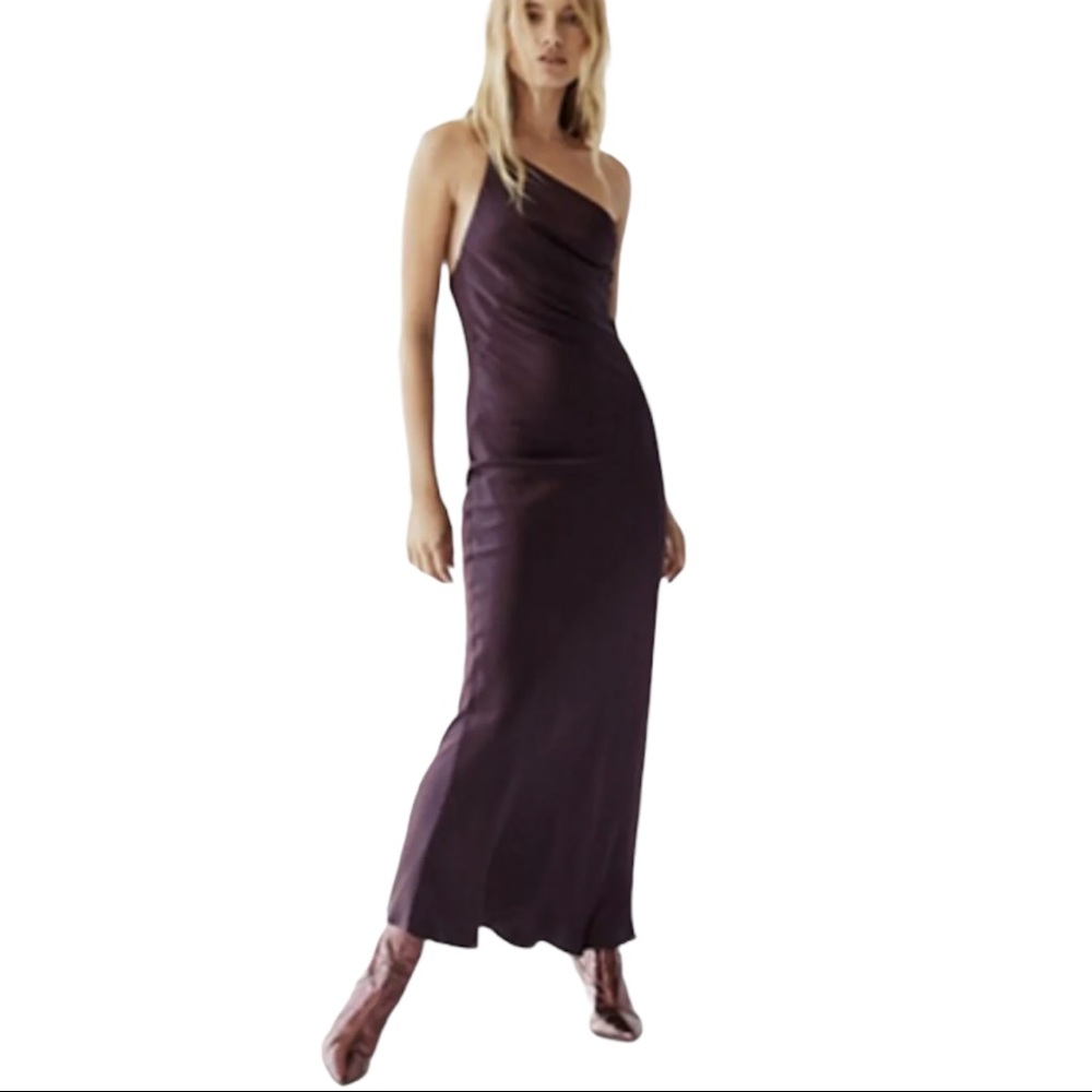 Shona Joy x Free People Gisele One-Shoulder 4 | S Purple Silky Sheath Midi Dress
